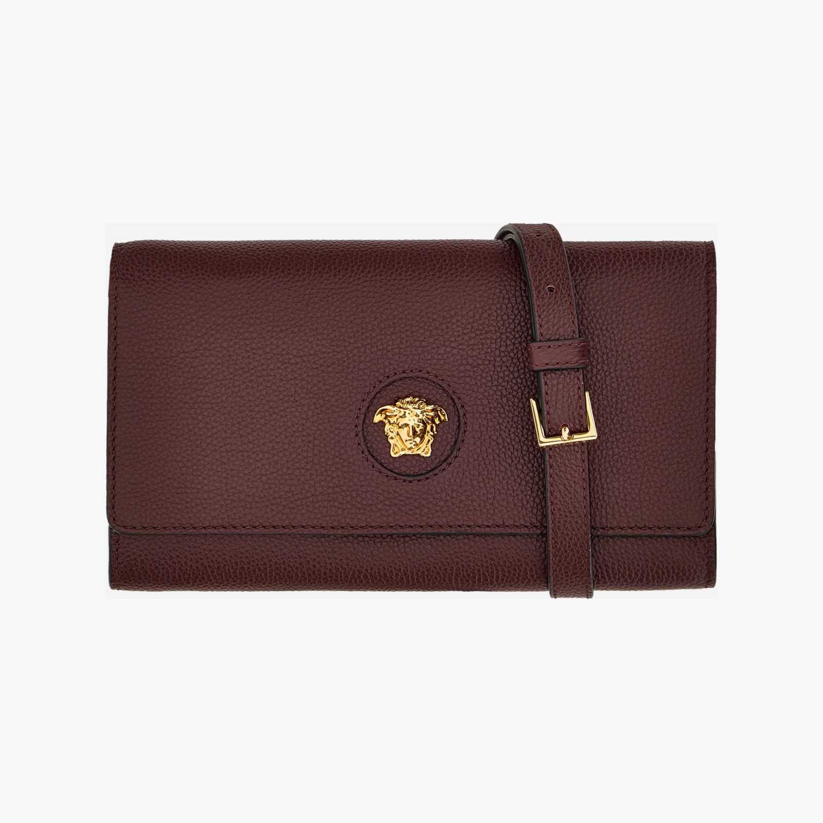 Wallet On Strap In Grainy Calf Leather - Wine-Versace Gold Wallet On Strap In Grainy Calf Leather - Wine-Versace Gold