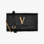 Wallet On Chain In Vitello Embossed Coccodrillo - Black-Versace Gold