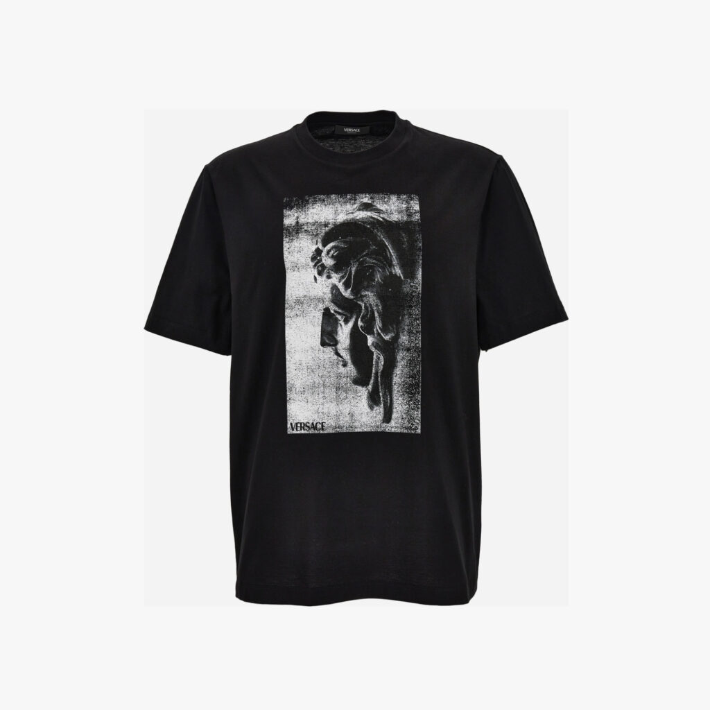 T-Shirt In Compact Cotton Jersey Fabric + Medusa Via Gesu' Print - Black