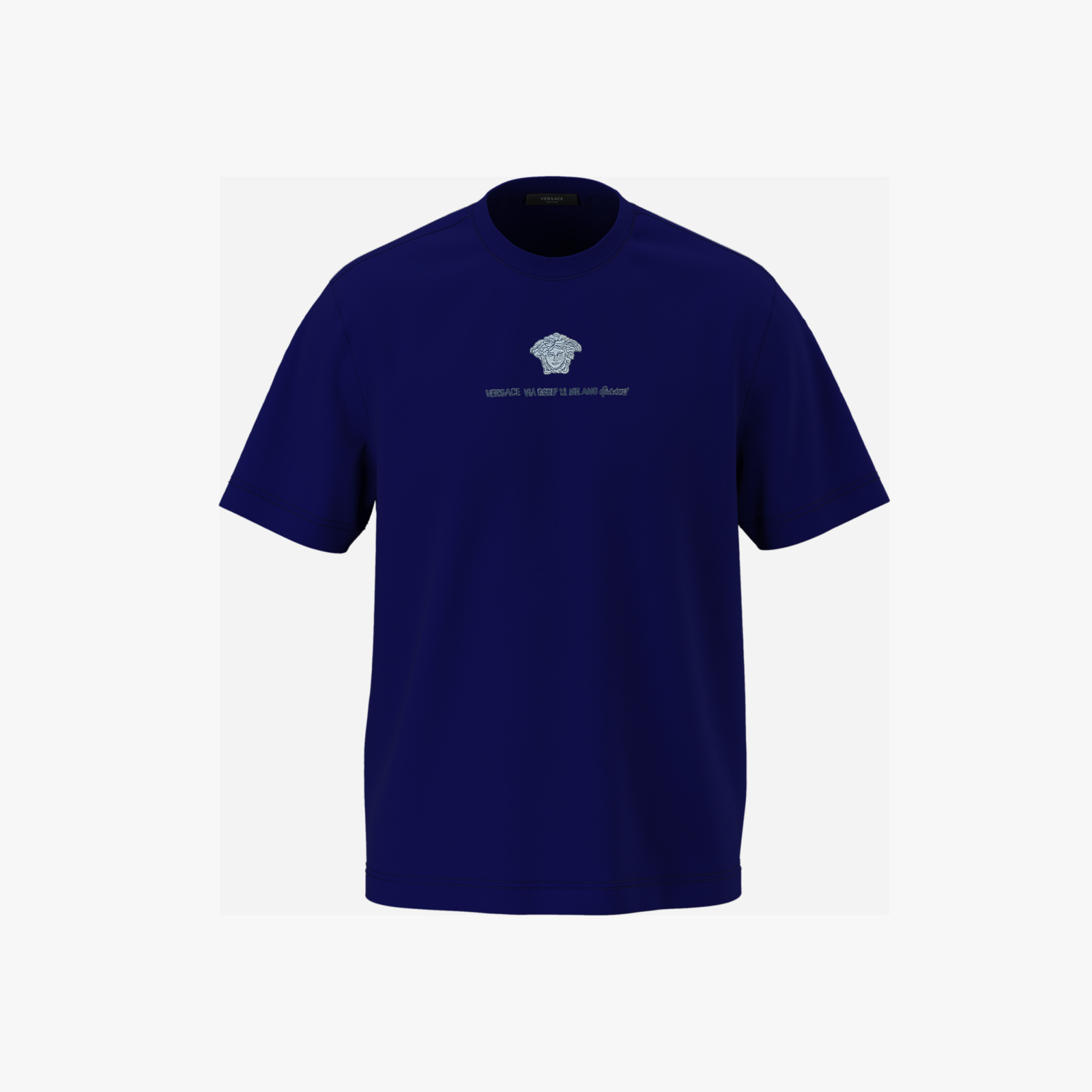 T-Shirt In Compact Cotton Jersey Fabric-Medusa Branding Embroidery - Blue T-Shirt In Compact Cotton Jersey Fabric-Medusa Branding Embroidery - Blue